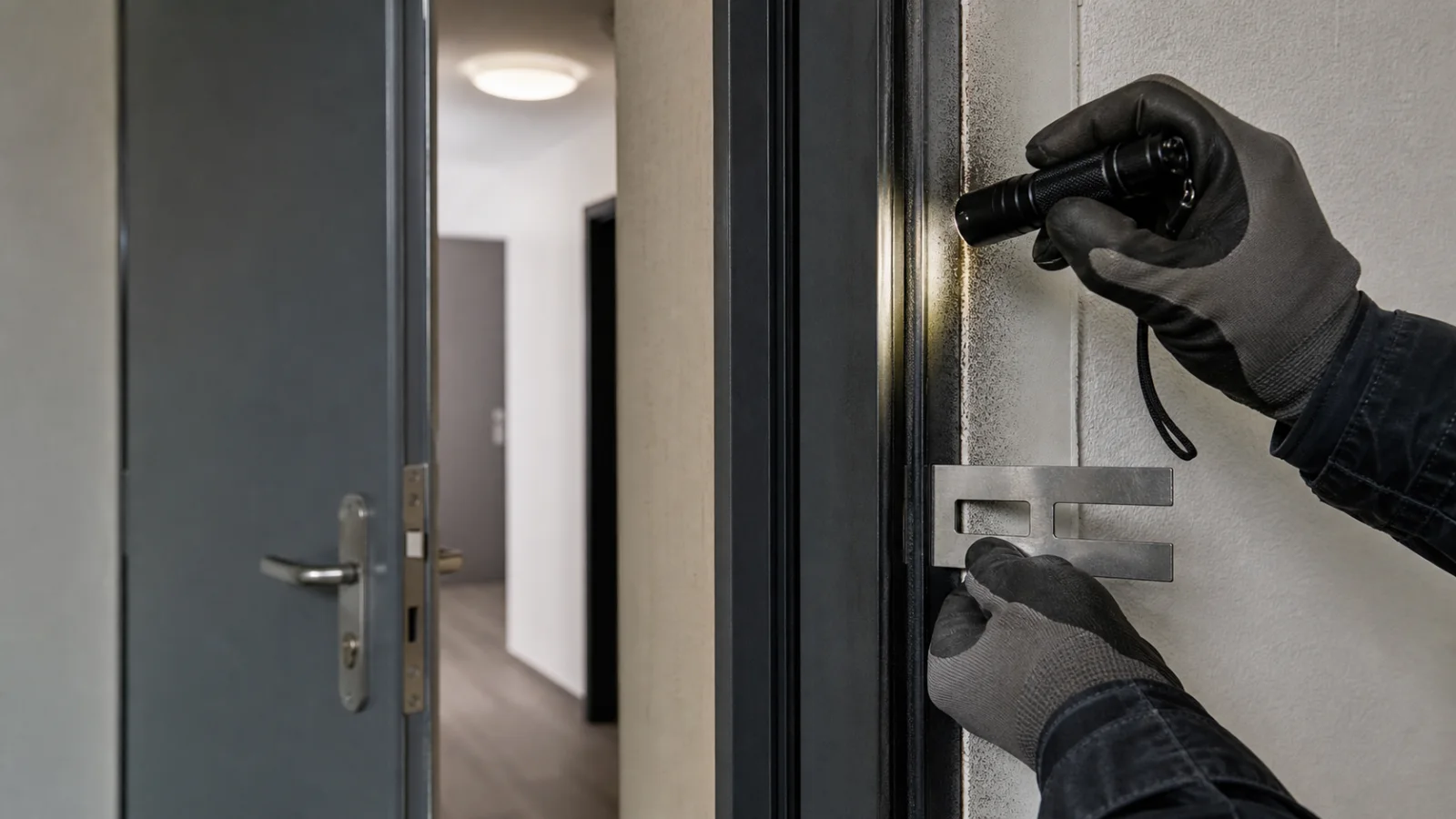 Sanierungsfachkraft prüft eine rauchbelastete Türdichtung und die angrenzende elastische Anschlussfuge mit Lampe und Messlehre