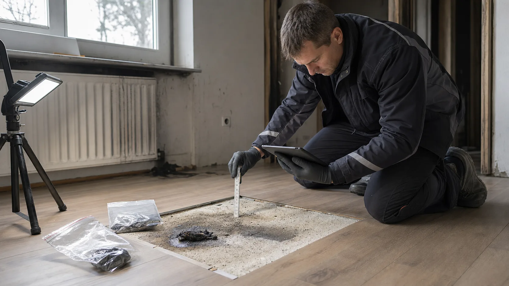 Sanierungsfachkraft dokumentiert eine kontrollierte Prüföffnung an einem brandbelasteten Bodenaufbau