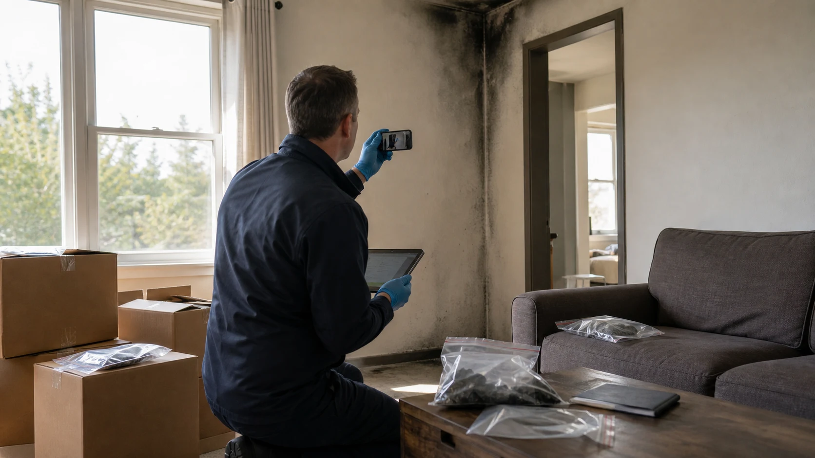 Sachverständiger dokumentiert in einem verrauchten Wohnraum Rußspuren mit Smartphone und Tablet; im Vordergrund liegen gesicherte Probenbeutel und Kartons