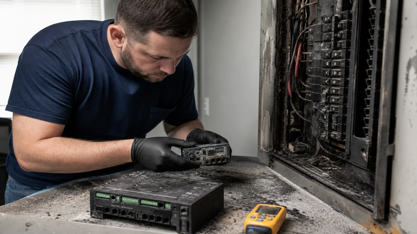 Techniker prüft verrußte Elektronik und Sicherungsverteilung nach einem Brandschaden mit Handschuhen und Messgerät