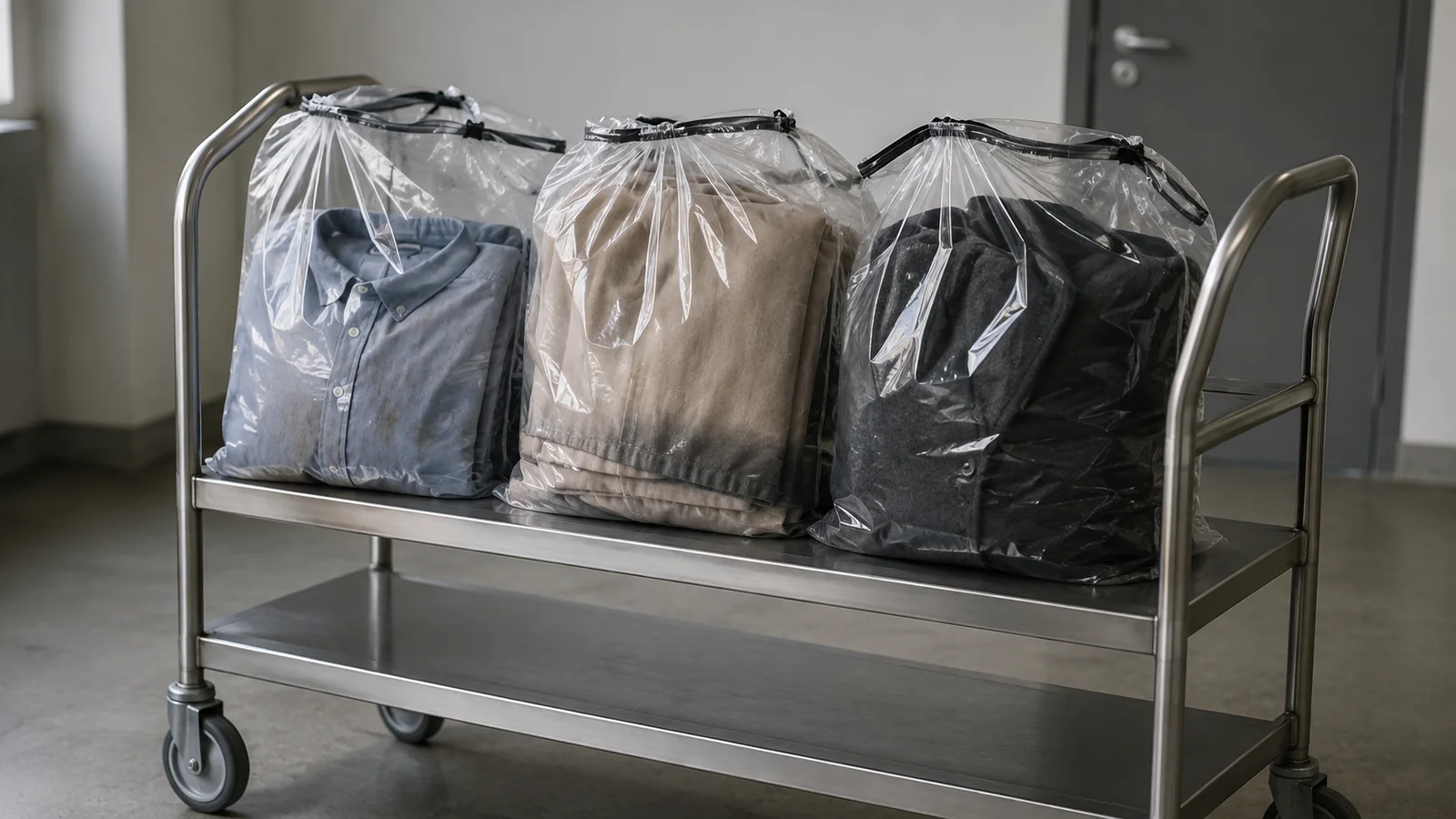 Drei getrennt verpackte Textilgruppen mit Hemd, Vorhang und Mantel auf einem Transportwagen