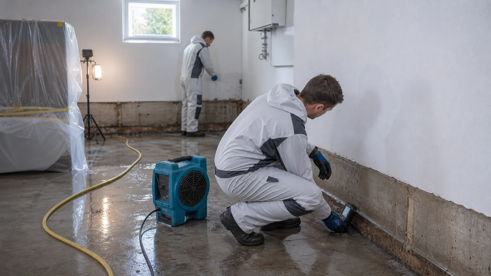 Sanierungstechniker messen Feuchte an einer Wand nach Loeschwasserschaden und bereiten technische Trocknung vor
