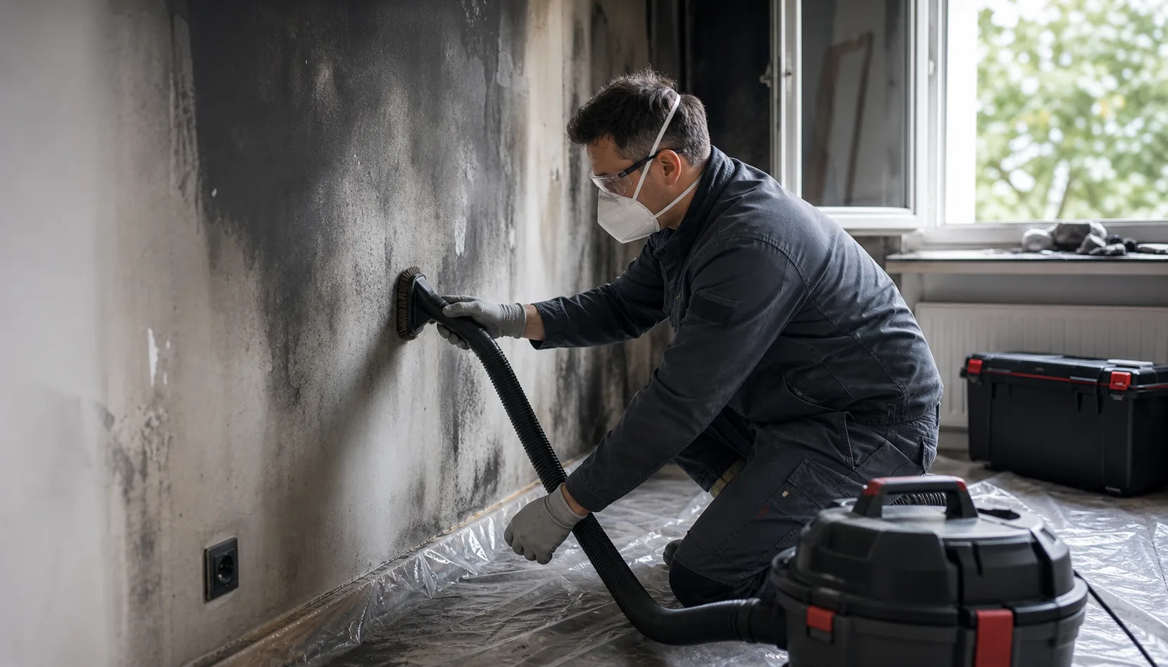 Fachkraft mit Handschuhen und Atemschutz inspiziert Rußspuren an einer Wand in einem Wohnraum; im Vordergrund ein HEPA-Sauger und Abdeckfolie