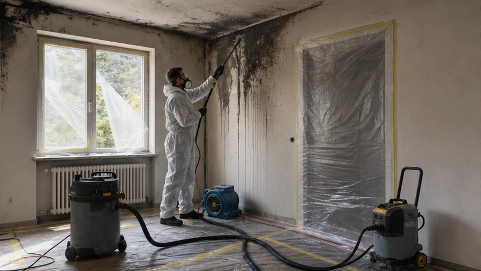 gesicherter Innenraum nach kleinem Brandschaden mit Schutzfolie, Messgerät, Reinigungsequipment und Tageslicht